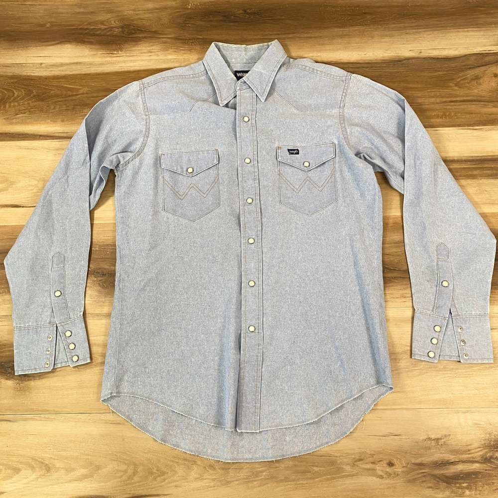 Vintage Wrangler Mens Western Snap Shirt Chambray Regular Fit 16-35 Long Tail L